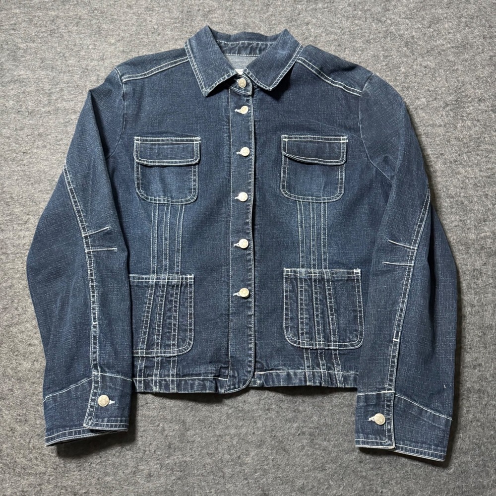 VTG 90s Live a Little Denim Jacket Dark Wash Contrast Stitch Pleated Women Large